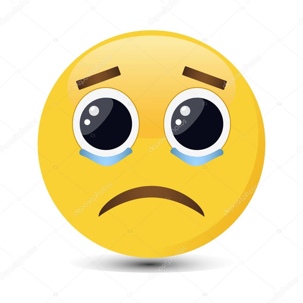 Crying emoticon with big eyes and tears in trendy flat style. Sad emoji vector illustration