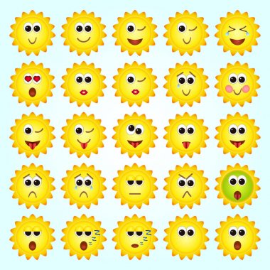 Güneş, ayçiçeği ifadeler kümesi. Emoji kümesi.