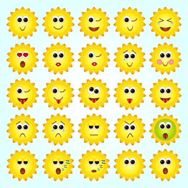 Állítsa be a nap, a napraforgó hangulatjelek. Emoji csoportja. Stock Vektor