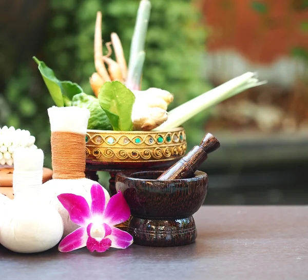 Natürliche Wellness-Inhaltsstoffe Kräuterkompresse Ball und pflanzliche Inhaltsstoffe für alternative Medizin und Entspannung thailändisches Wellness-Thema mit Seidenstoff, Thailand, ausgewähltem Fokus — Stockfoto