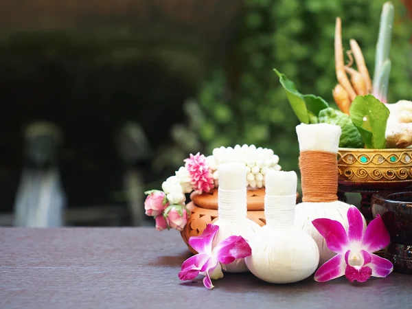 Naturalne Spa składniki ziołowe skompresować piłkę i składniki ziołowe medycyny alternatywnej i relaks Thai Spa — Zdjęcie stockowe