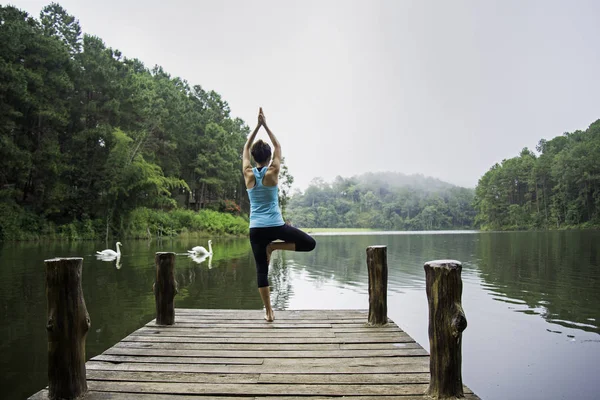 Junge gesunde Frau praktiziert Yoga auf der Brücke in der Natur — Stockfoto