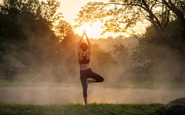 Силуэт красивой женщины-йоги утром в парке горячих источников — стоковое фото