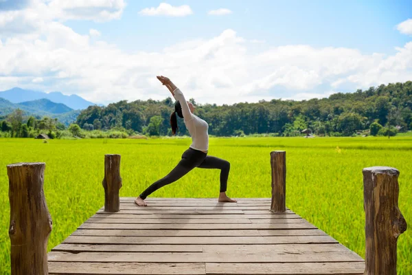 Здоровая женщина практикует йогу на мосту в природе, фоновое рисовое поле — стоковое фото