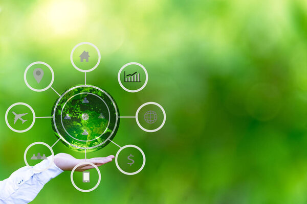 Hand holding globe with abstract global business cycle sketch on green background. Elements of this image furnished by NASA