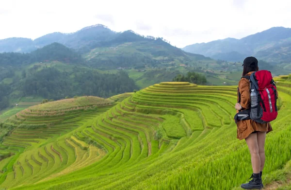 Donne escursioniste in montagna con zaino vicino a terrazze di riso in Vietnam — Foto Stock