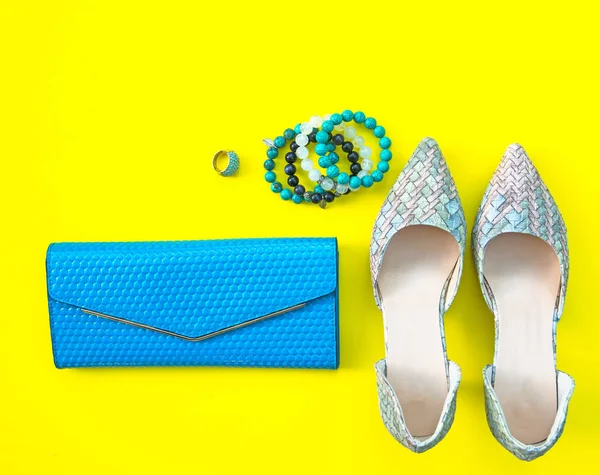 Conjunto de accesorios mujer de moda. Zapatos de moda de moda tacones, elegante bolso de embrague, collar y anillo. Concepto de estilo de vida . — Foto de Stock