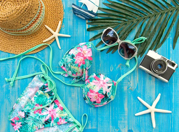 Summer Fashion woman swimsuit Bikini. Tropical sea.Unusual top view. Vacation Concept. — Stock Photo, Image