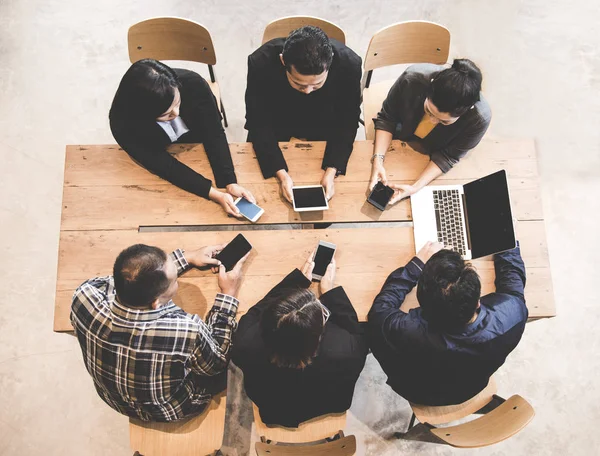 Top View Business team using tablet computer to work with financial data.  Partners discussing graph of report growth.  Business Concept — Stock Photo, Image