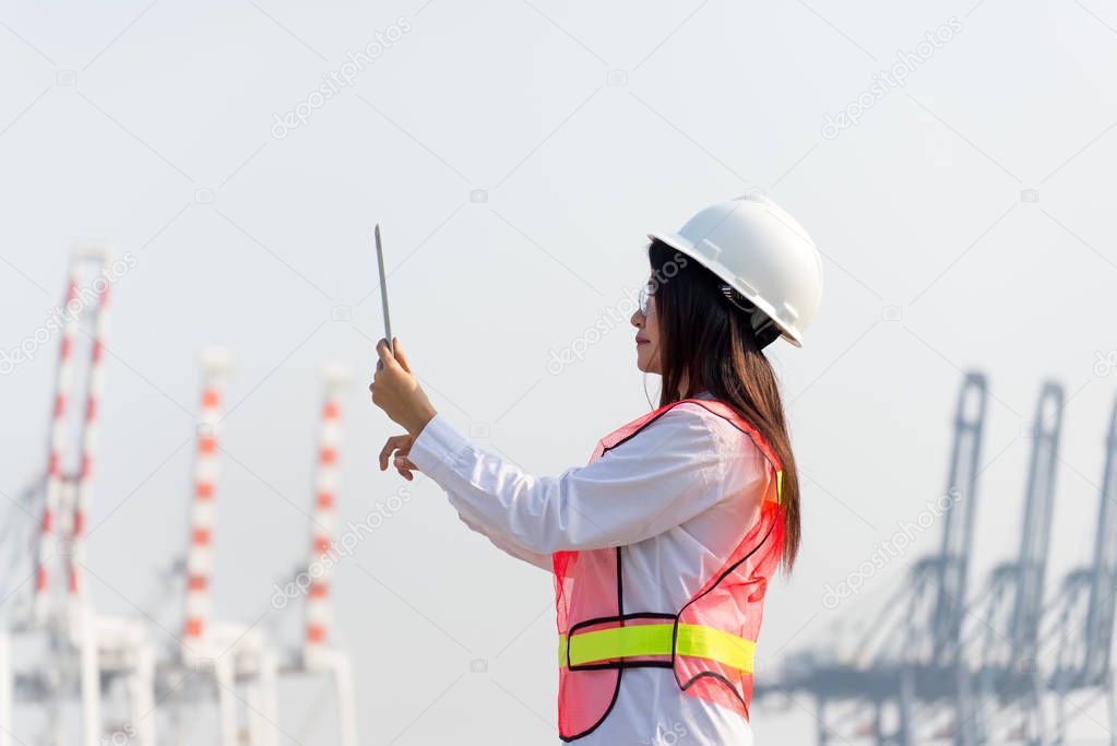 The women engineer holding laptop and working with container Cargo freight ship in shipyard at dusk for Logistic Import Export background, safety control.  Engineer Concept