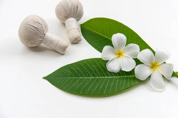 Thai Spa masaje comprimir bolas, bola de hierbas y spa de tratamiento, relajarse y cuidado saludable con flor blanca, Tailandia. Concepto saludable. seleccionar enfoque — Foto de Stock