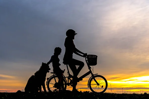 바다 위에 석양 실루엣 자전거 사랑 스러운 가족. 엄마와 딸 개 해변에서 자전거 라이프 스타일 개념. — 스톡 사진