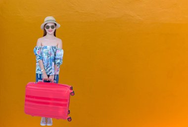 Kadın seyahat çanta duvar renk arka plan üzerinde. Yaşam tarzı ve seyahat kavramı