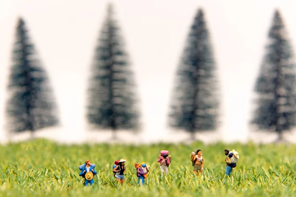 Mochila em miniatura caminhante chão viajante passeio na natureza verde prado floresta fundo. Conceito de viagem — Fotografia de Stock