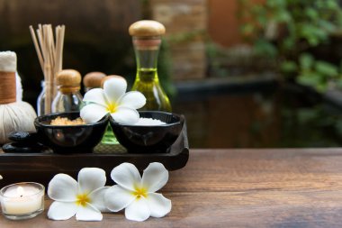 Thai Spa Masaj sıkıştırma topları, bitkisel topu ve tedavi spa, rahatla ve çiçek, Tayland ile sağlıklı bakım. Sağlıklı kavramı. odağı seçin