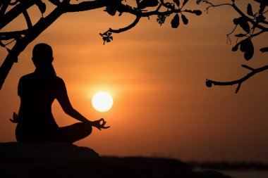 Siluet sağlıklı kadın yaşam tarzı hayati egzersiz meditasyon ve gün batımında yoga Beach kayada uygulamak. Sağlıklı kavramı