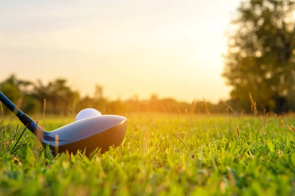 Close Golf Ball Driver Player Doing Golf Swing Tee Green — Stock Photo, Image