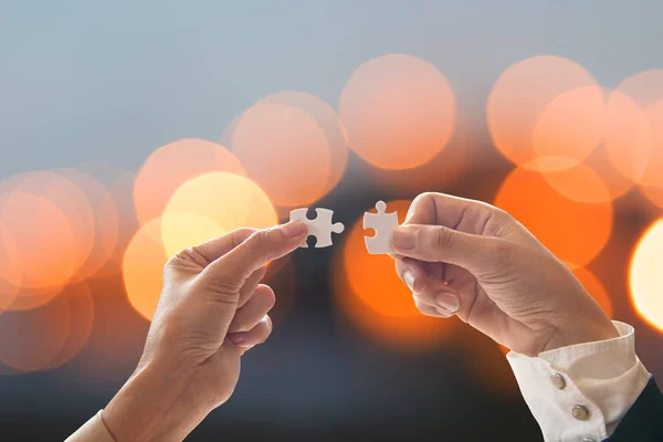 Business People Team Work Holding Two Jigsaw Connecting Couple Puzzle — Stock Photo, Image