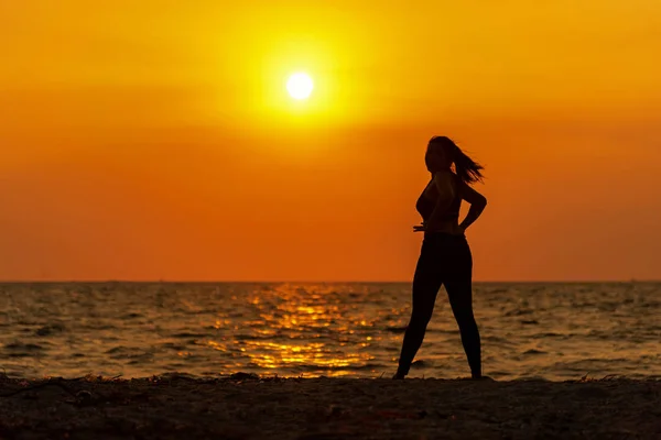 シルエット健康な女性のライフ スタイルを行使重要な瞑想し 夕暮れビーチの岩の上でヨガの練習します 健康の概念 — ストック写真