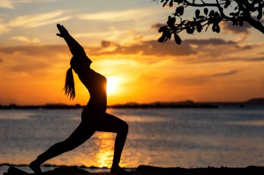 Siluet sağlıklı kadın yaşam tarzı hayati egzersiz meditasyon ve gün batımında yoga Beach kayada uygulamak. Sağlıklı kavramı. 