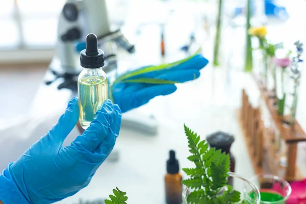 Närbild Händer Science Lab Kvinna Forskning För Marijuana Naturliga Alternativa — Stockfoto