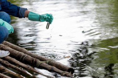 Asyalı öğrenci biyolojisi doğal nehir suyu örneği alıyor ve test ediyor. Uzman bilim kadınları araştırma için suyu laboratuvarda tutuyor. Çevre Kirliliği Konsepti