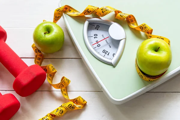 Diet Healthy Life Loss Weight Concept Green Apple Weight Scale — Stock Photo, Image