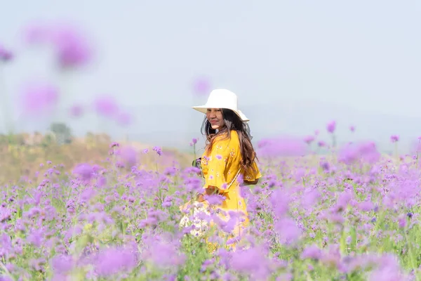 Reiziger Toerisme Aziatische Vrouwen Staan Chillen Paarse Verbena Bloemenveld Vakantie — Stockfoto