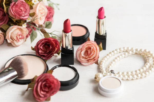 Maquillaje Belleza Cosmética Moda Conjunto Fondo Cosméticos Mujer Bolso Producto — Foto de Stock