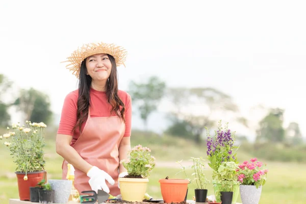 Asian woman care plant flower in garden. Asian people hobby and freelance gardening outdoor sunny  nature background. Happy and enjoy in spring and summer day.  Lifestyle Concept