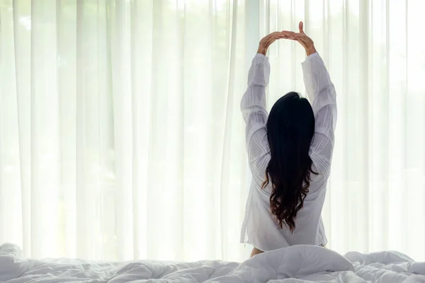 Asian Women Waking Stretching Raise Arms Bed Room Home Young — Stock Photo, Image