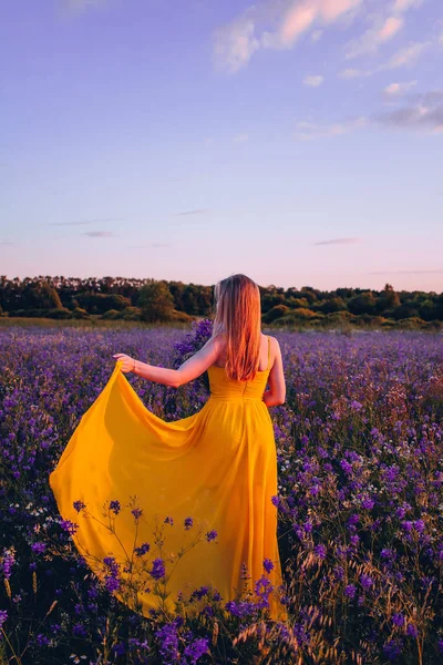 Sarı elbiseli bir kız, leylak çiçekleriyle bir tarlada yürüyor. Gün batımında elinde bir buket çiçek