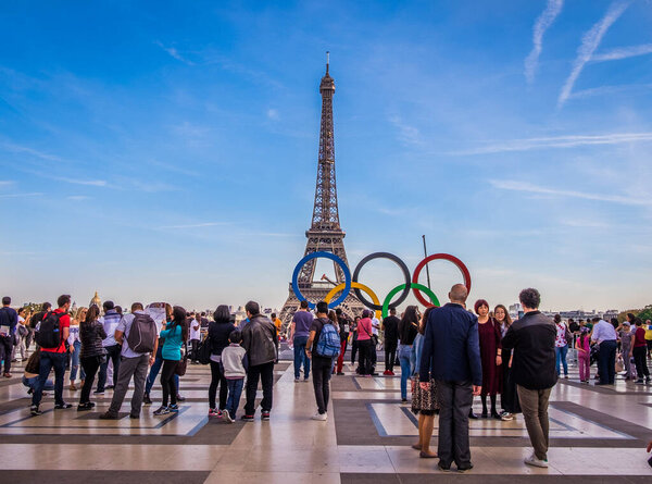 Olympic games 2024 symbol on Trocadero place in front of the Eiffel tower in Paris, France.