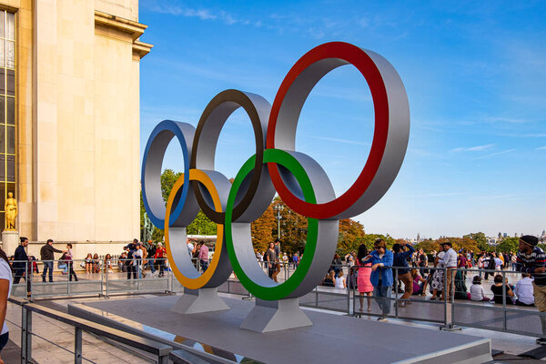 Olympic games 2024 symbol on Trocadero place in front of the Eiffel tower in Paris, France.