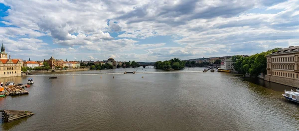 Scenic Panorama Cityscape View Moldava River Boat Prague Czech Republic — Stock Photo, Image