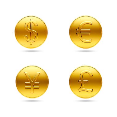 Dolar, avro, Japon yeni ve beyaz arka planda gölgeli altın sikkeler