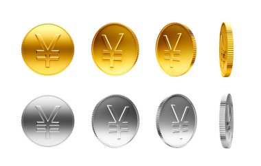 Japon Yen işaretli altın ve gümüş sikkeler beyaz arka planda izole edilmiştir.