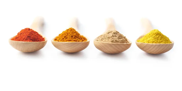 Wooden Spoon Filled Spice Powders White Background — Stock Photo, Image
