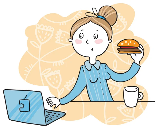 Lány eszik egy snacket a munkahelyi — Stock Vector