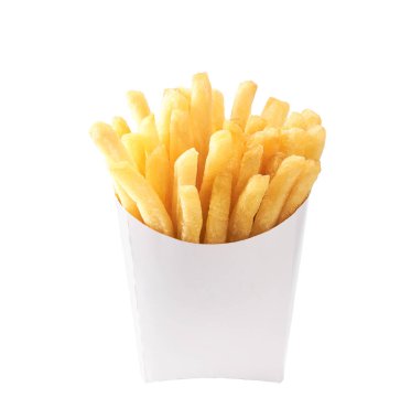 Beyaz arka planda izole edilmiş beyaz bir kutuda patates kızartması.