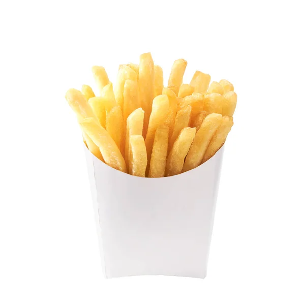 Beyaz arka planda izole edilmiş beyaz bir kutuda patates kızartması.