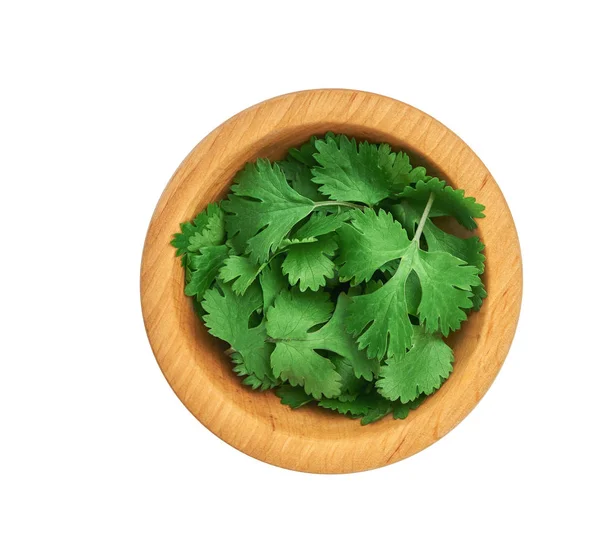 Čerstvé cilantro dřevěné mísy izolované na bílém pozadí. Top — Stock fotografie