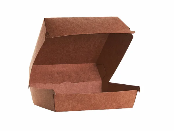 Beyaz arka planda izole edilmiş hamburgerler için el yapımı karton kutu — Stok fotoğraf