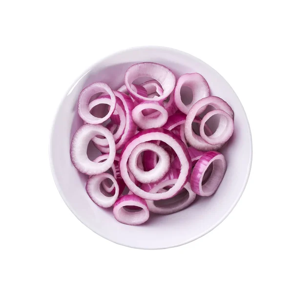 Sliced Red Onion Ceramic Bowl Isolated Top View — Stock Photo, Image