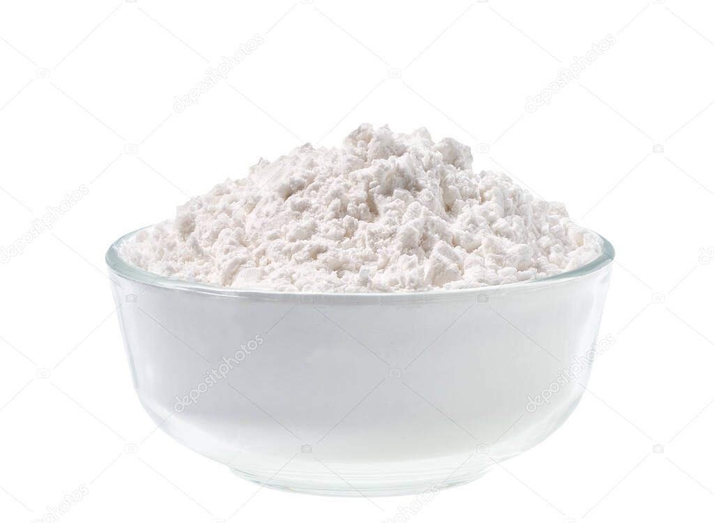 Glass plate filled with corn starch isolated on a white background.