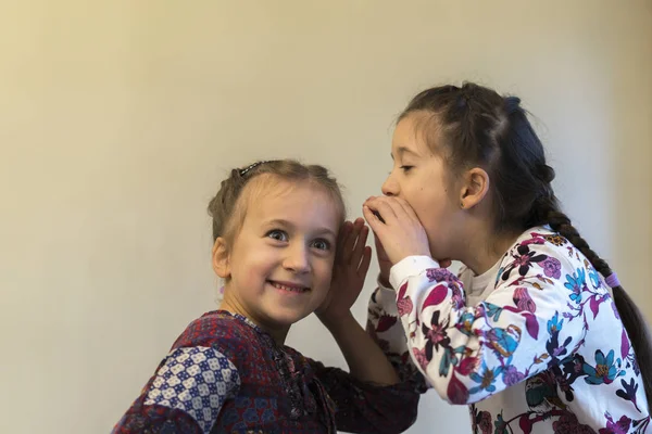 Flüstert das Mädchen seiner Schwester zu — Stockfoto