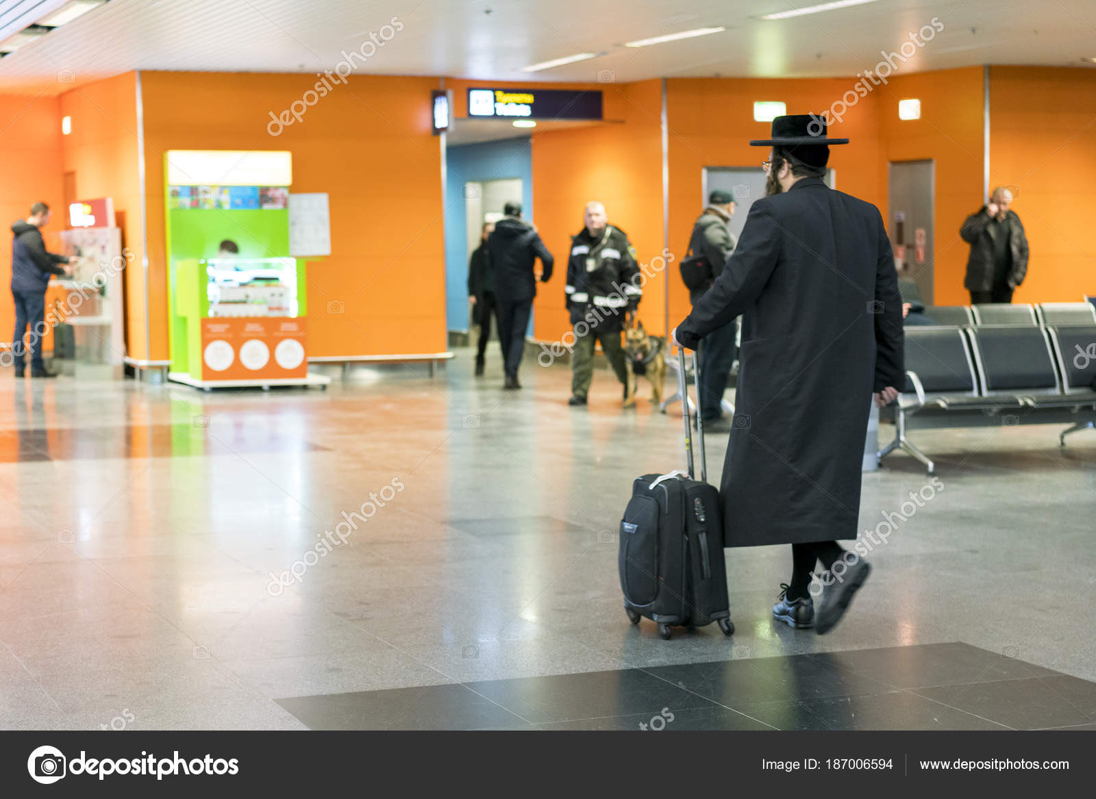 Jew Orthodox With A Suitcase Is Going Around The Airport Stock
