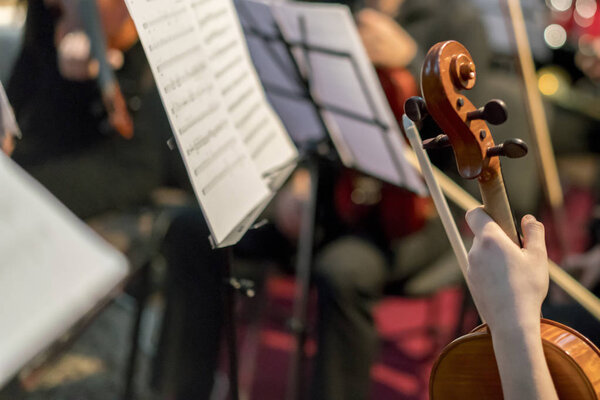 Hand on the strings of a violin. Symphony Orchestra in indoor. selected focus