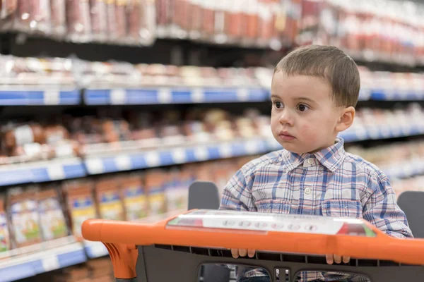 Um menino bonito vestido com uma camisa xadrez em um supermercado em um carrinho. Contra o pano de fundo de prateleiras com produtos à base de carne e salsichas . — Fotografia de Stock