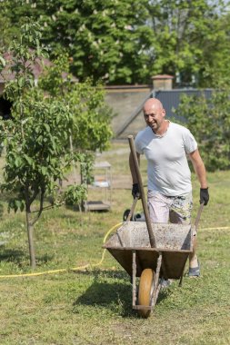 adam iterek el arabası. Genç adam çiftlikte bir el arabası itme